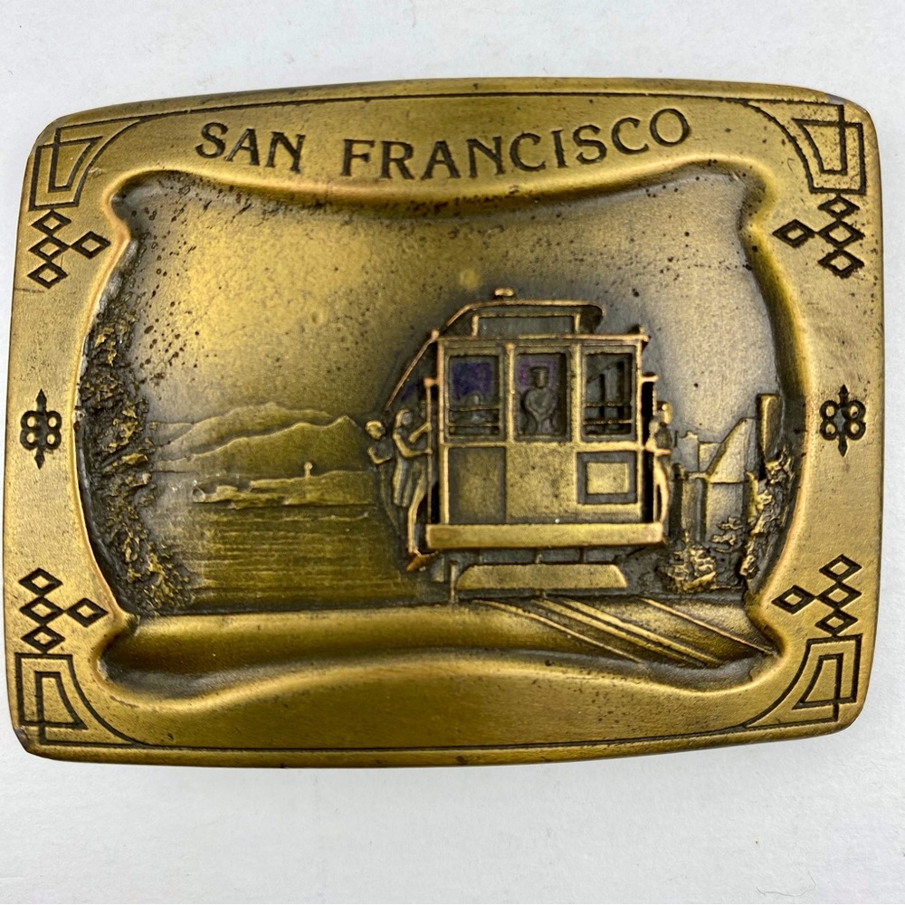 Vintage San Francisco Brass Belt Buckle 3 in, Cable Car, Indiana Metal Craft USA